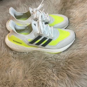 Adidas Women’s Ultra Boost 2021 White with black and neon green. Size 8.5